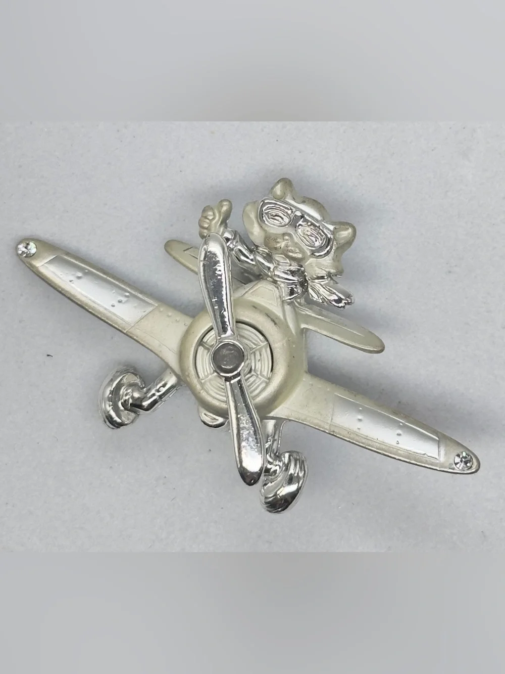 Vintage AJC Silver Tone Cat Airplane Brooch Propeller Figural Aviator Kitty